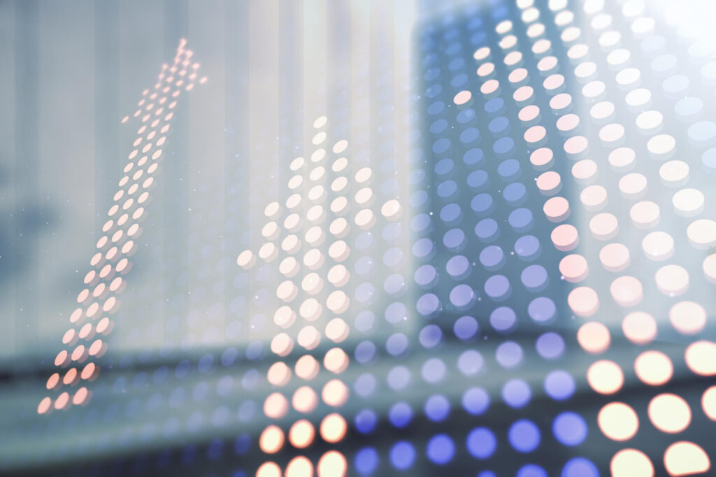 Digital stock-display with glowing upward-pointing arrows and dotted LED patterns, Invest in SpaceX in New York City, NY.