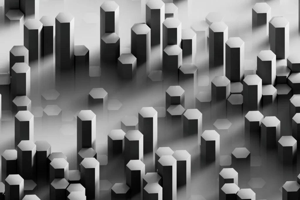 Abstract 3D cityscape made of tall hexagonal pillars with dramatic shadows and monochrome lighting.
