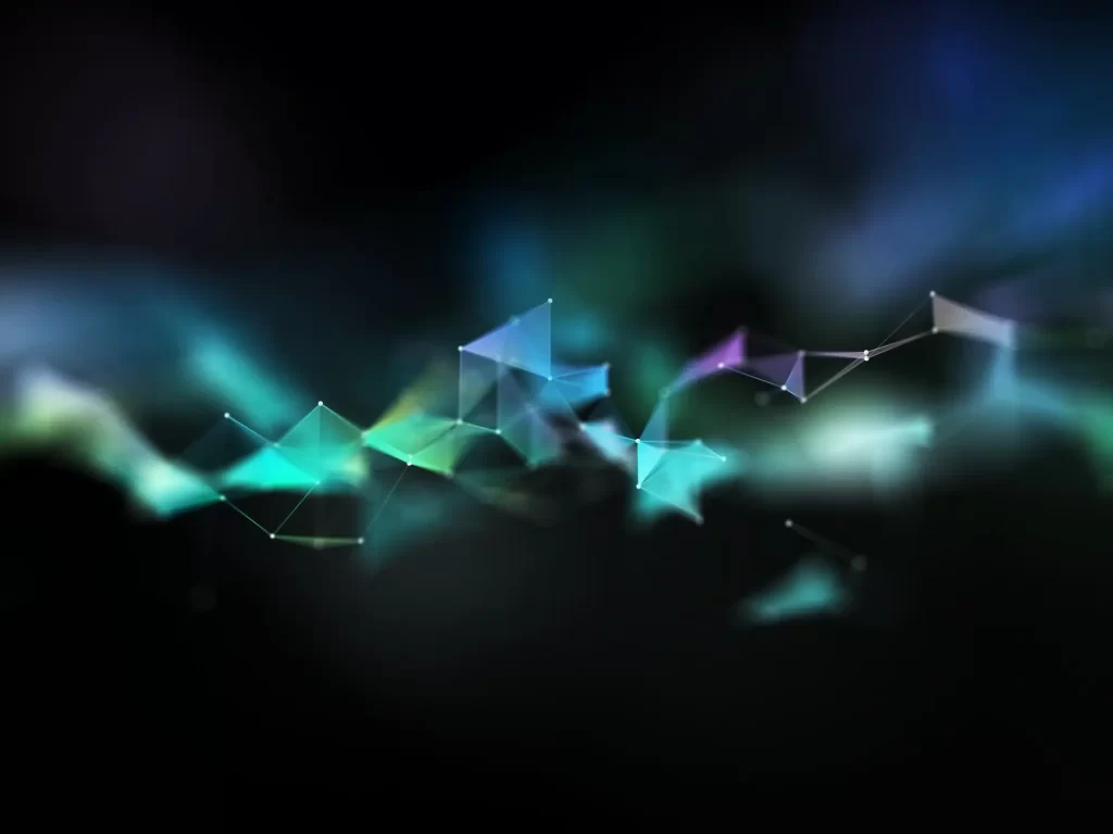 Futuristic digital network visualization with glowing geometric shapes and connected nodes on a dark background.