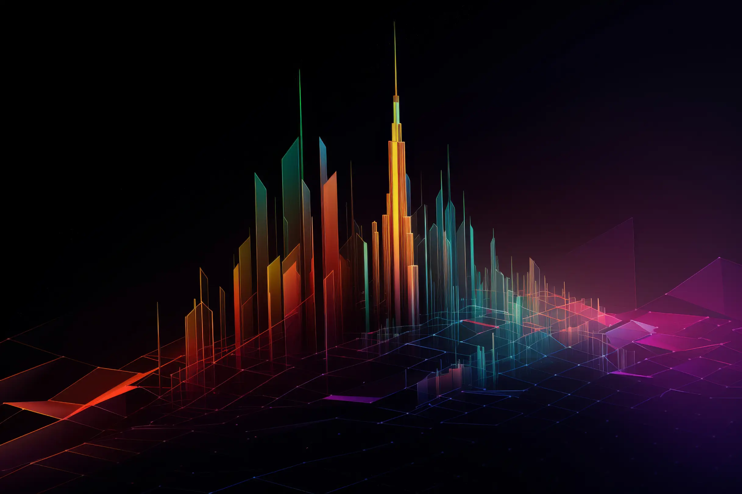 A dark, abstract city skyline composed of colorful, glowing rectangular prisms of varying heights