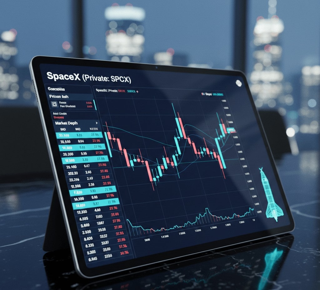 Tablet displaying colorful rising candlestick and line charts with a hand holding a stylus pointing at an upward trend, Invest in SpaceX in New York City, NY.
