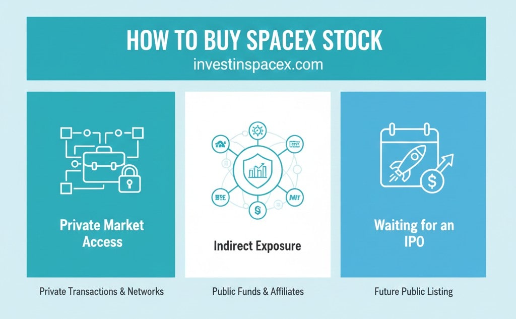 A three-panel infographic titled "How to Buy SpaceX Stock" by InvestInSpaceX.com. The panels illustrate: 1) Private Market Access with a locked briefcase and network nodes, 2) Indirect Exposure showing a shield icon surrounded by financial symbols (BAC, GOOG, ETF), and 3) Waiting for an IPO with a rocket on a calendar.