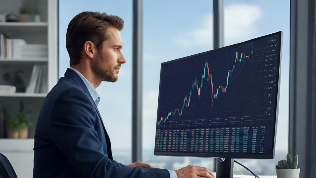 A side-profile view of a male investor in a dark blue business suit sitting in a modern office. He is looking intently at a large desktop monitor displaying a complex financial candlestick chart with various green and red indicators, illustrating the deep research required to understand valuation and risk before an IPO.