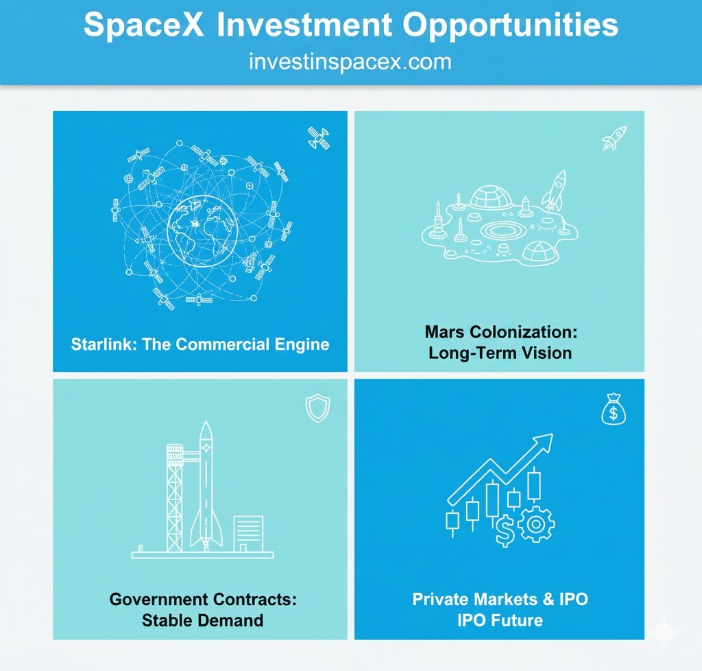 A four-panel infographic for InvestInSpaceX.com titled "SpaceX Investment Opportunities." The panels illustrate: 1) Starlink as the commercial engine with a satellite network orbiting Earth, 2) Mars Colonization as a long-term vision with pressurized dome habitats on the Martian surface, 3) Government Contracts showing a Starship at a launchpad representing stable institutional demand, and 4) Private Markets & IPO Future with a rising financial growth arrow.