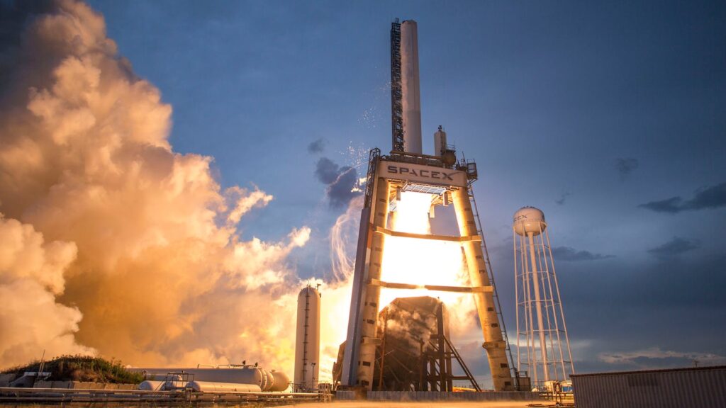 A SpaceX rocket launching against a colorful dusk sky, symbolizing the innovation and ambition in space exploration.