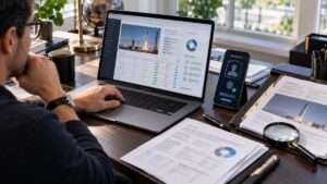 displaying a software dashboard with analytics